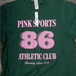 PINK Victoria's Secret Green Tee with Pink Lettering